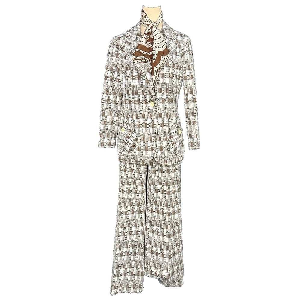 Authentic 70s Two-piece Womens Leisure Suit Set Brown White Plaid Wide Flare S/M